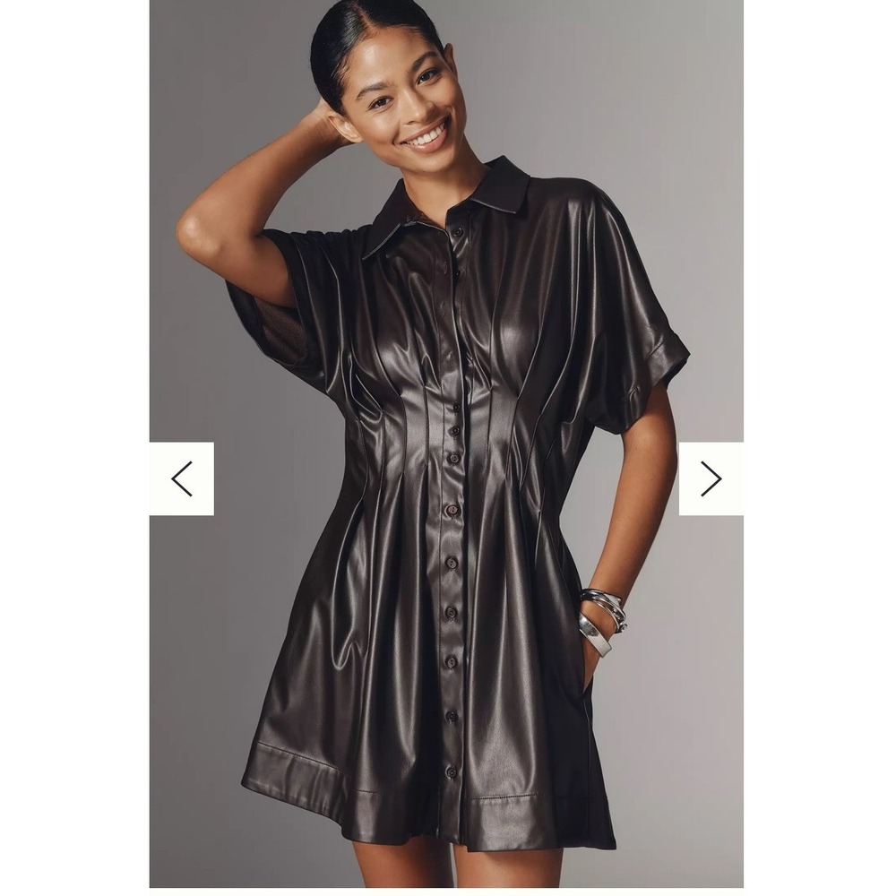 Exquise Yana Dress Faux Leather Chocolate Brown Pleated Mini Women Size XS